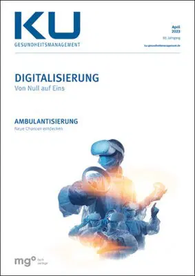 Titelblatt der "KU Gesundheitsmanagement" April 2023. Themen: Digitalisierung und Ambulantisierung. Illustration: Person mit VR-Brille und digital vernetzten Figuren.