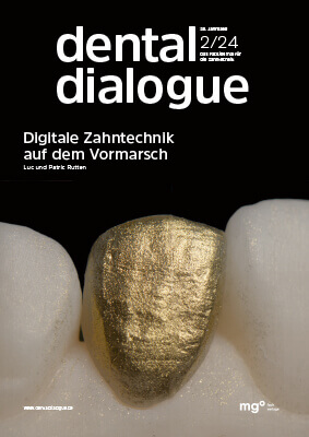 Titelseite der Zeitschrift "Dental Dialogue" mit dem Titelthema "Digitale Zahntechnik auf dem Vormarsch" und einem Bild eines Zahns mit einer goldenen Krone.