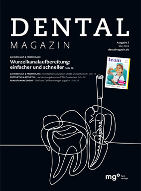 Titelseite des "Dental Magazin" mit dem Hauptthema "Wurzelkanalaufbereitung: einfacher und schneller" und einer abstrakten Grafik eines Zahns sowie einer kleinen Abbildung des Magazins "Team".