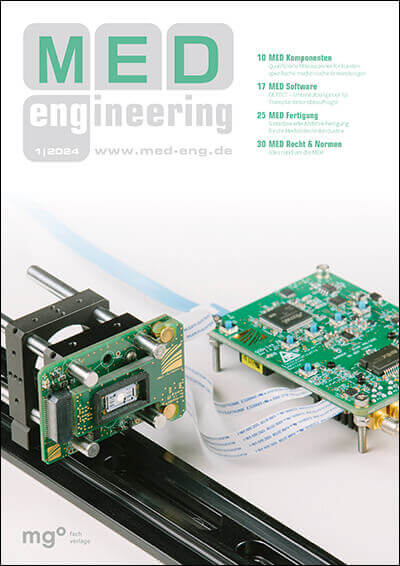 Cover MED engineering 1/2024 - zeigt elektronische Komponenten und Schaltkreise auf einer Montageeinheit.