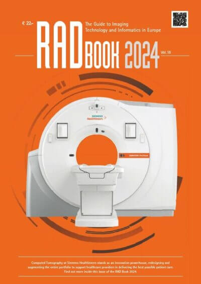 Cover RAD Book 2024 - The Guide to Imaging Technology and Informatics in Europe, zeigt ein CT-Scanner auf orangefarbenem Hintergrund.