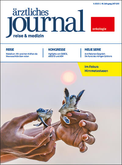 Cover ärztliches journal reise & medizin onkologie 2023 - Hände halten junge Schildkröten, Fokus auf Hirnmetastasen.