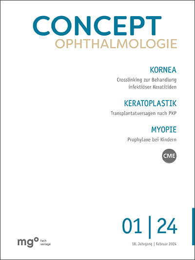 Cover Concept Ophthalmologie Februar 2024 - Themen Kornea, Keratoplastik, Myopie, CME-Fortbildung, 18. Jahrgang.