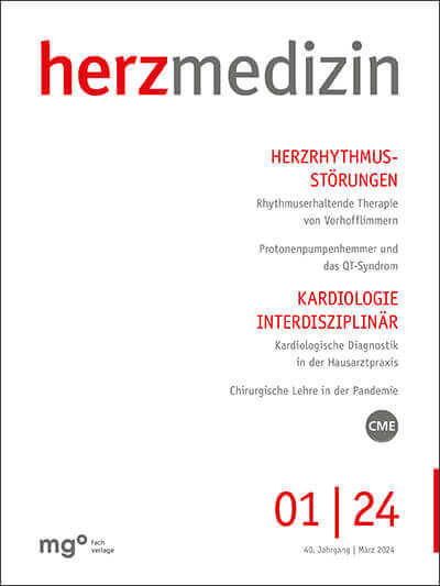 Titelbild der Zeitschrift Herzmedizin 01/2024 mit den Themen Herzrhythmusstörungen, Kardiologie und CME-Fortbildung für medizinische Fachkräfte.