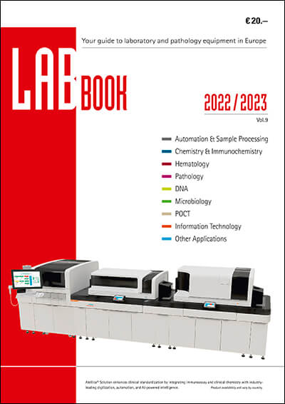 Cover LAB Book 2022/2023 - The Guide to Laboratory and Pathology Equipment in Europe, zeigt Labor- und Pathologieausrüstung.