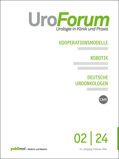 Cover UroForum Februar 2024 - Themen Kooperationsmodelle, Robotik, Deutsche Uroonkologen, CME-Fortbildung, 15. Jahrgang