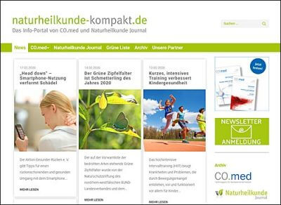 Screenshot der Website naturheilkunde-kompakt.de, dem Info-Portal von CO.med und Naturheilkunde Journal. Zeigt Artikel und Newsletter-Anmeldung.