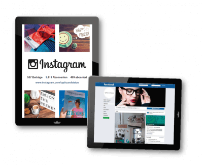 Zwei Tablets zeigen die Social-Media-Seiten von opticundvision auf Instagram und Facebook. Links: Instagram, rechts: Facebook.