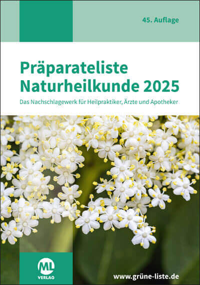 Cover der "Präparateliste Naturheilkunde 2025", 45. Auflage. Ein Nachschlagewerk für Heilpraktiker, Ärzte und Apotheker. Bild zeigt weiße Blüten.