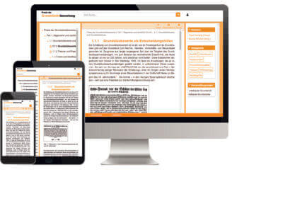 Darstellung der Zeitschrift "Praxis der Grundstücksbewertung" auf Smartphone, Tablet und Desktop-Bildschirm in orangefarbenem Layout mit Text und Navigation.