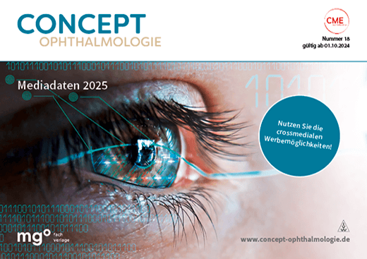 Nahaufnahme eines Auges mit digitalen Linien und dem Hinweis auf Mediadaten 2025. Titel 'Concept Ophthalmologie' und Werbehinweis.