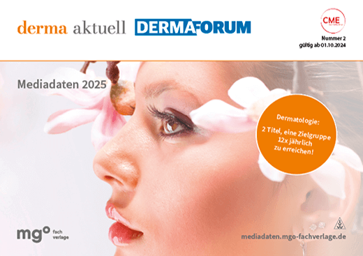 Profilansicht einer Frau mit Blumen, Mediadaten 2025, Titel 'derma aktuell' und 'DERMAforum', Hinweis auf Zielgruppenansprache in der Dermatologie.