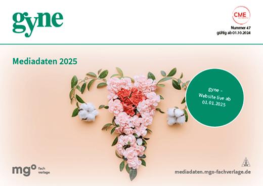 Florale Darstellung eines Uterus, Titel 'gyne', Mediadaten 2025, Hinweis auf Website-Launch ab 01.01.2025.