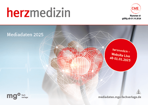 Herzsymbol mit digitalem Overlay, Titel 'herzmedizin', Mediadaten 2025, Hinweis auf Website-Launch ab 01.01.2025.