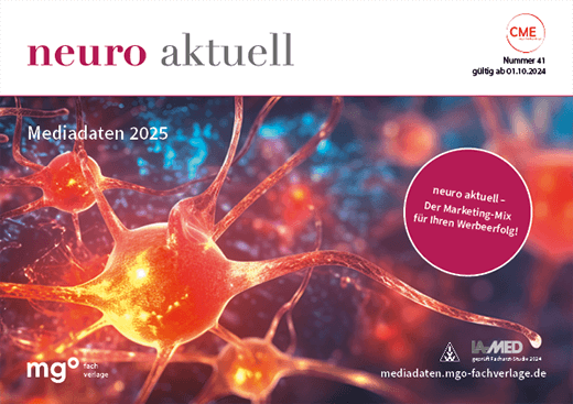 Nahaufnahme von Neuronen, Titel 'neuro aktuell', Mediadaten 2025, Hinweis auf Marketing-Mix für Werbeerfolg.